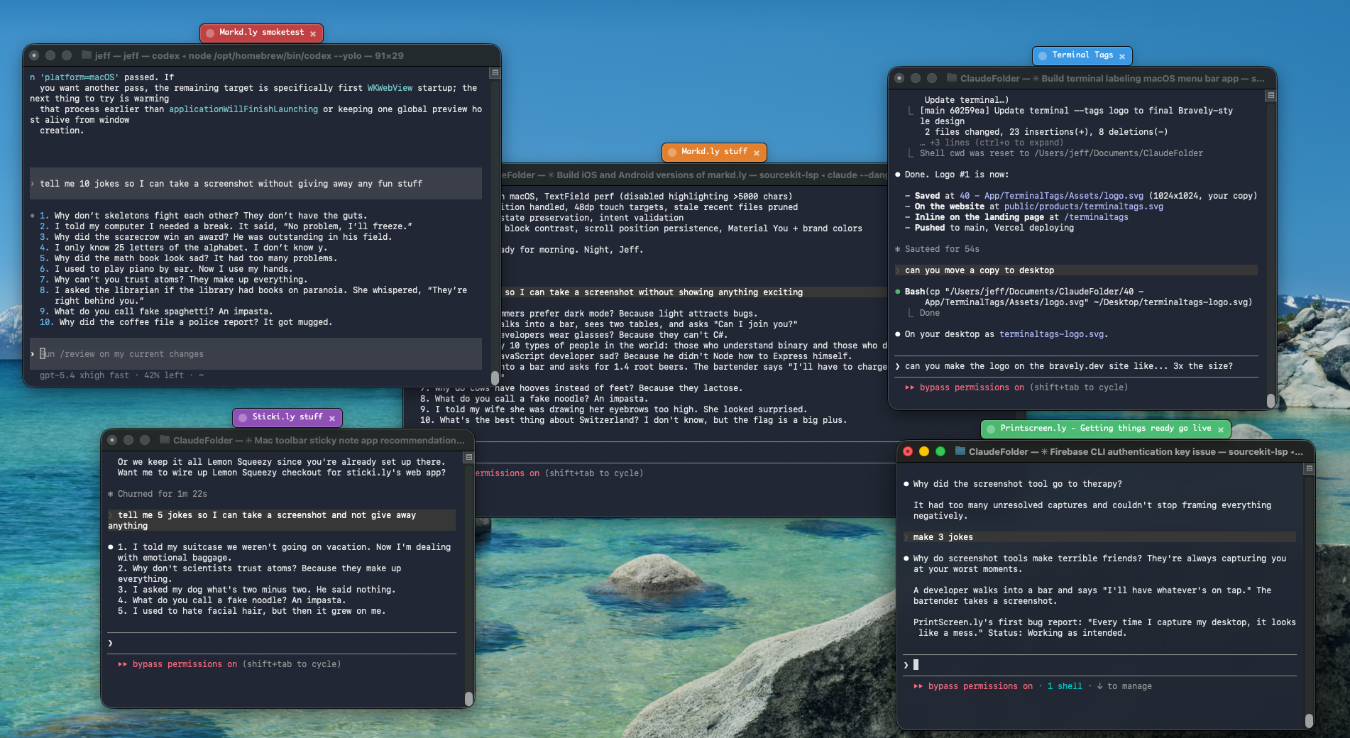 Desktop full of terminal windows, each labeled with a colored Terminal Tags sticker.